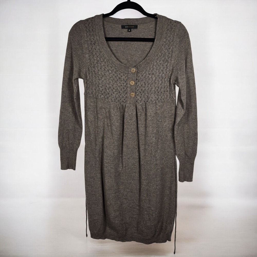 BCBGMAXAZRIA Knit Sweater Dress Womens M Brown Angora Wool Blend Button Tie Back